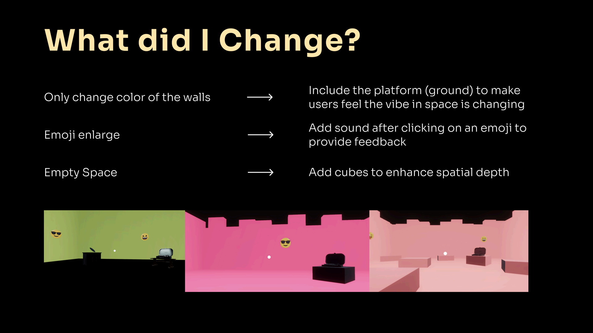 What changed: color the platform as well as the walls, add sound feedback on tap, and add cubes for spatial depth