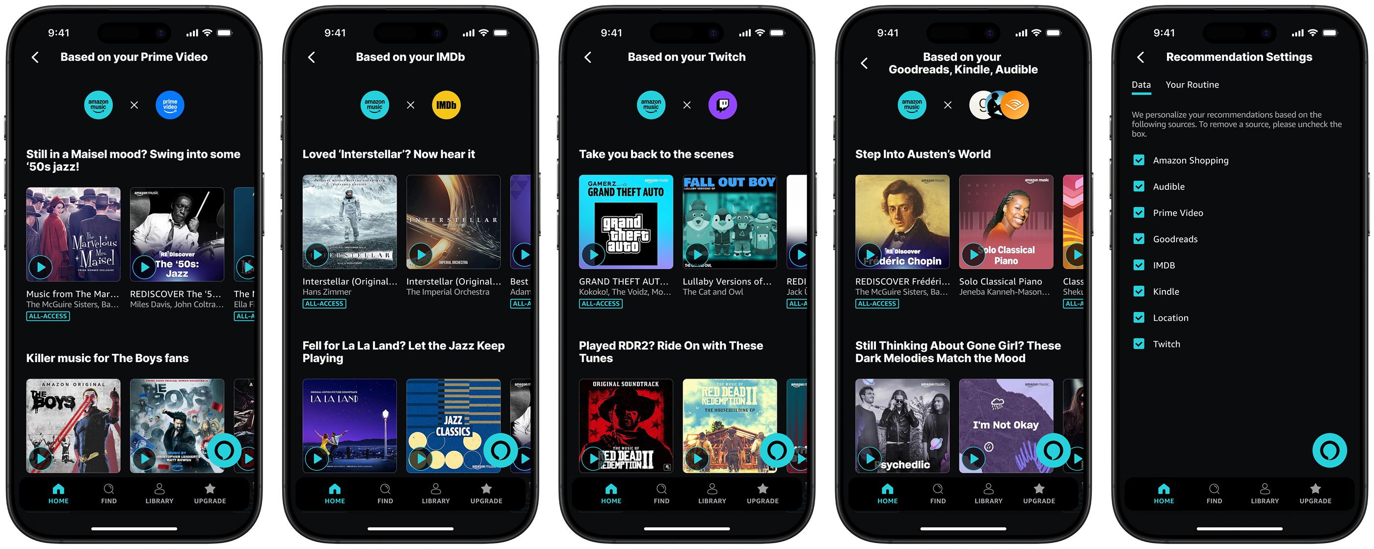 Cross-ecosystem For You modules based on Prime Video, IMDb, Twitch, and Goodreads, plus recommendation settings with user-controlled data sources
