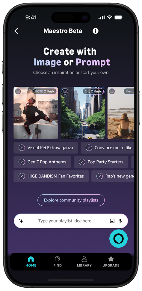 Maestro Beta create screen with inspiration cards and prompt suggestions