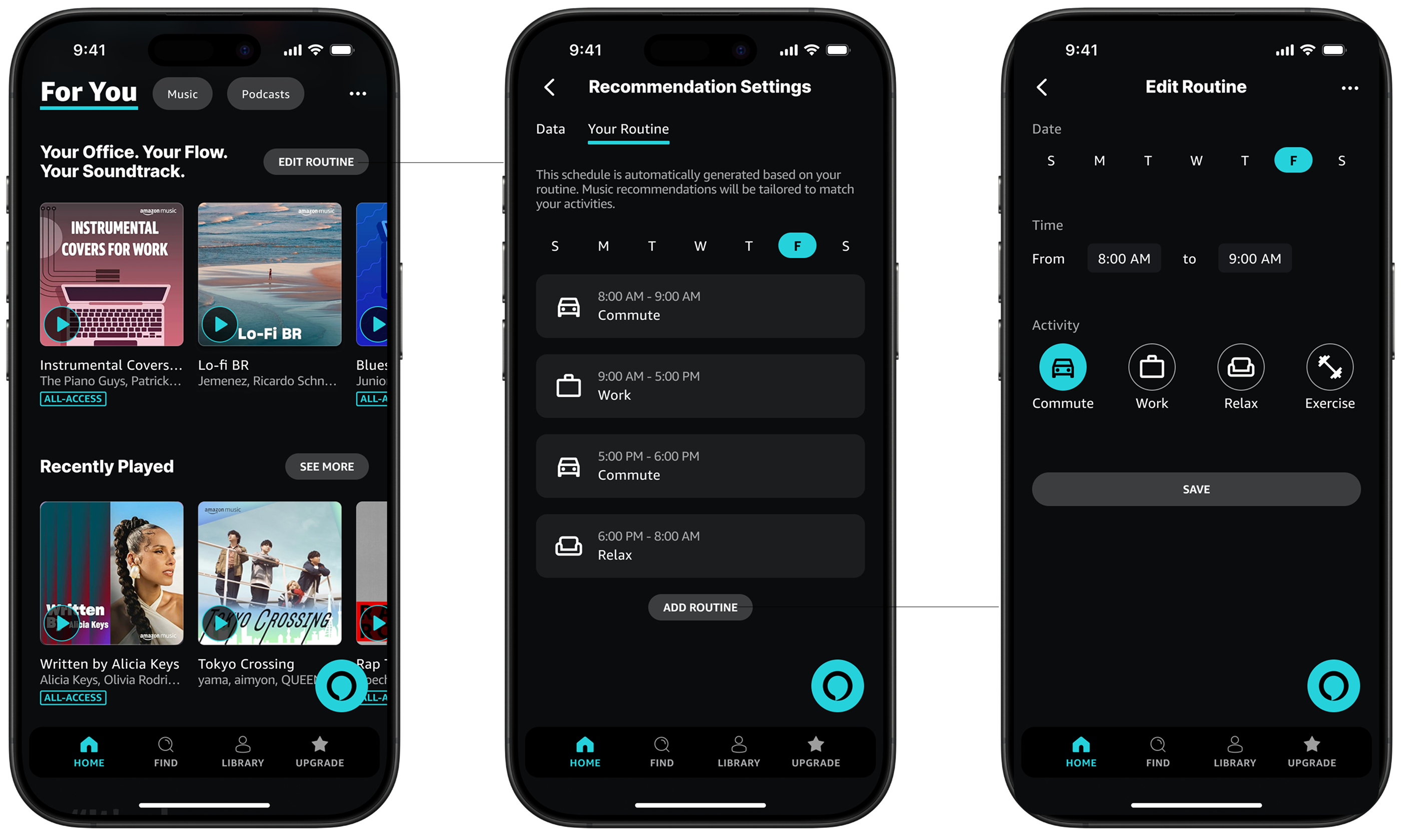 For You routines flow showing For You tab, recommendation settings, and edit routine screens