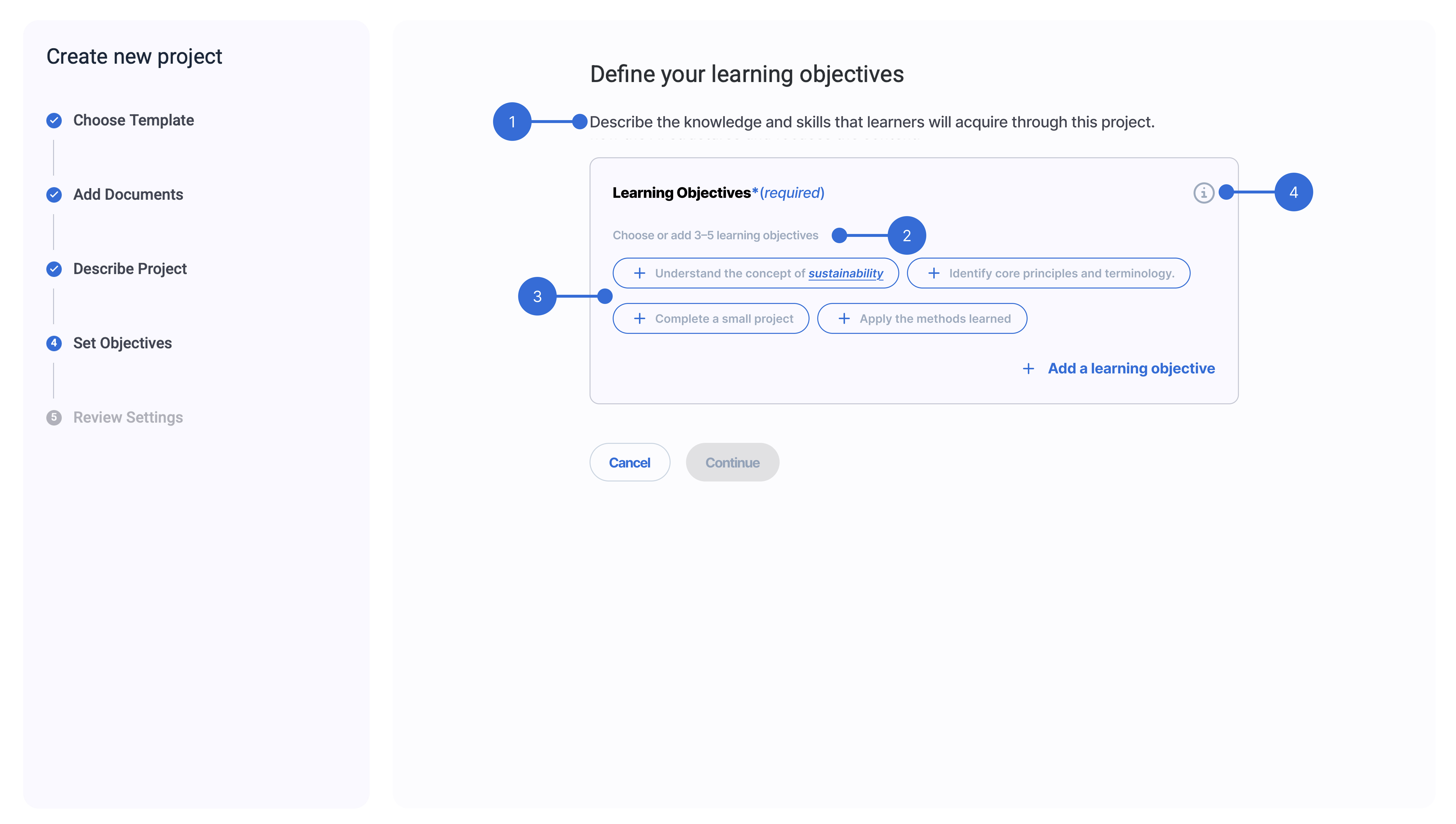 Redesigned learning-objectives form with four guidance patterns