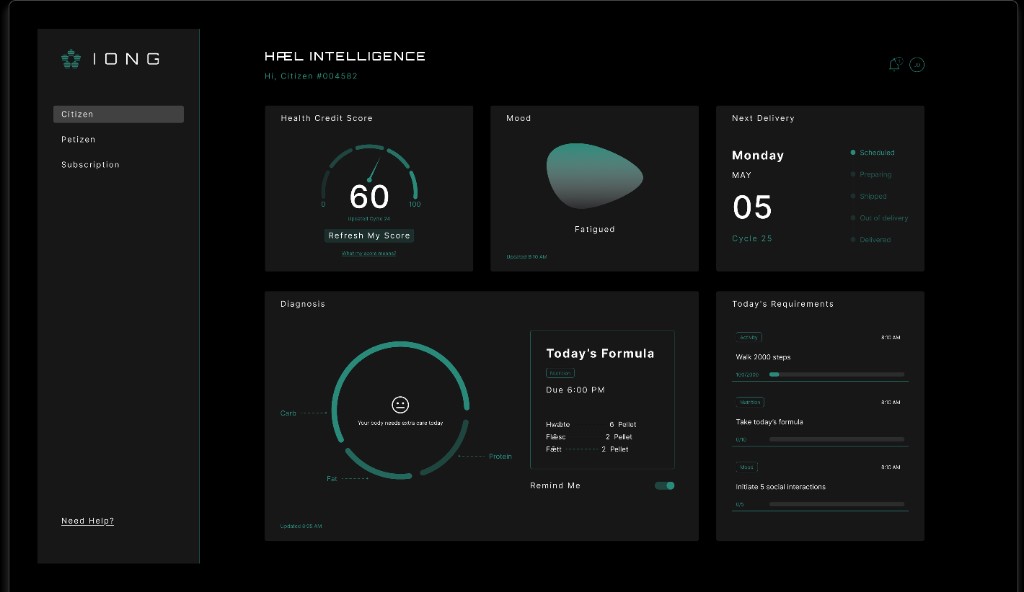 Hæl Intelligence citizen dashboard with health credit score, mood, diagnosis, and daily requirements